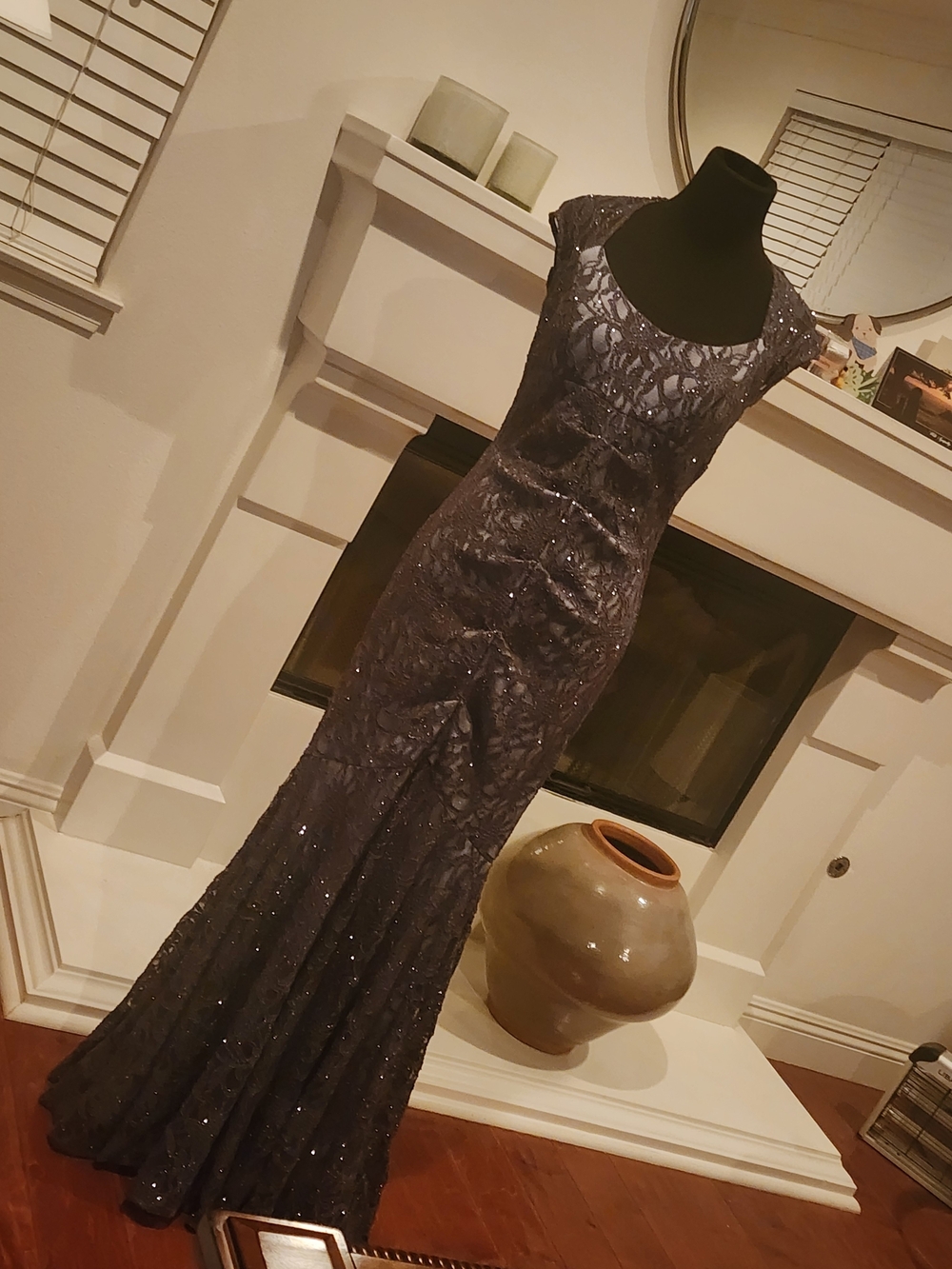 Camille La Vie Navy Lace Sequin Cap-Sleeve Maxi Gown